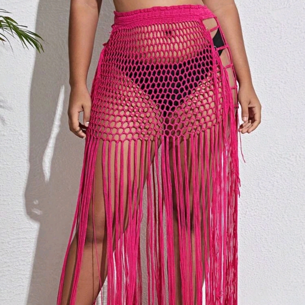 Pink Crochet Fringe Swimsuit Cover up Skirt - Picture 10 of 13